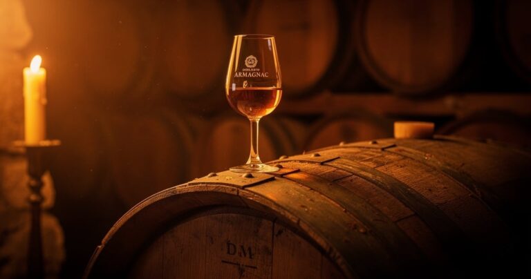 Verre tulipe d'Armagnac ambré posé sur un fût de chêne dans un chai gascon