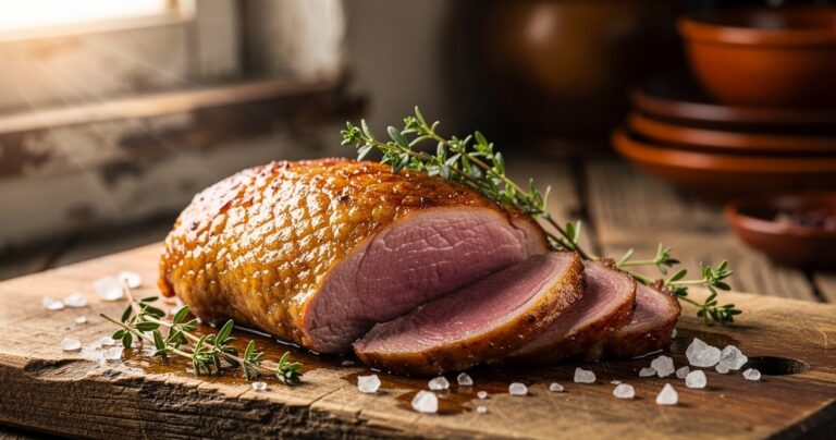 Magret de canard cru sur planche en bois avec thym et sel