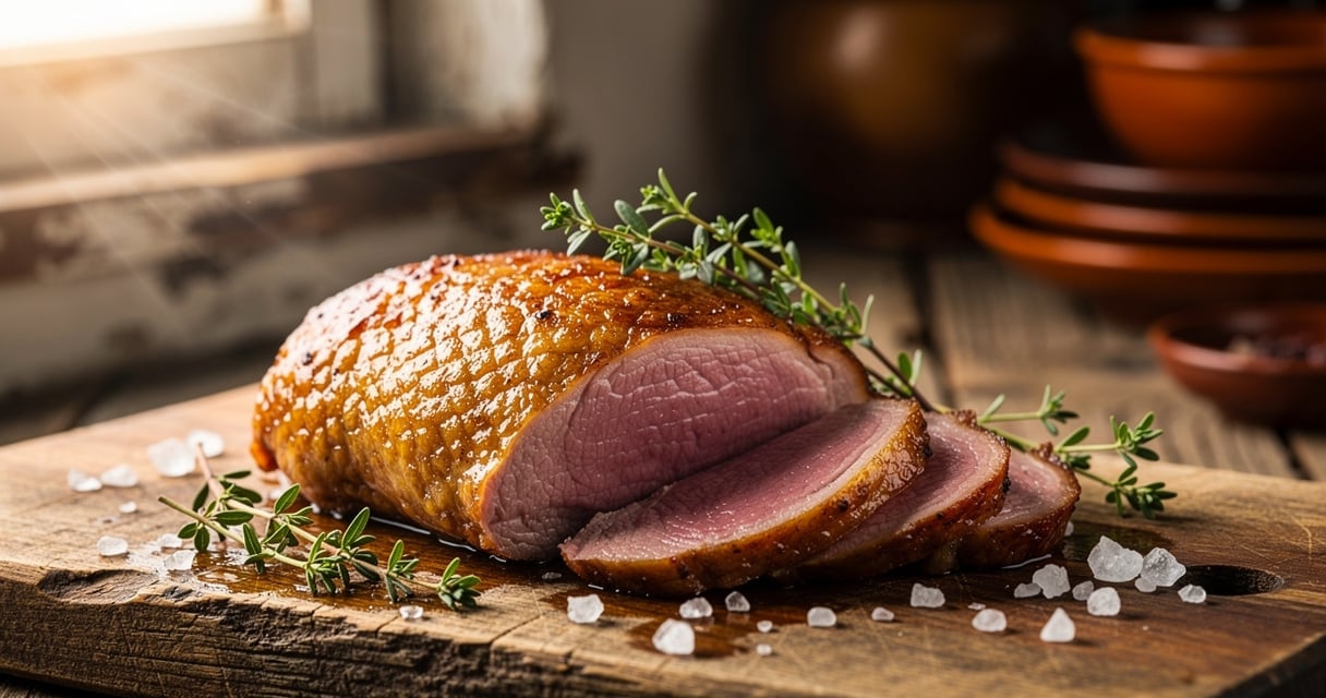 Magret de canard cru sur planche en bois avec thym et sel