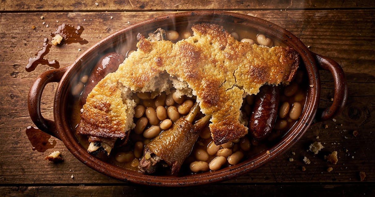 Cassoulet gascon servi dans une cassole en terre cuite traditionnelle avec croûte dorée