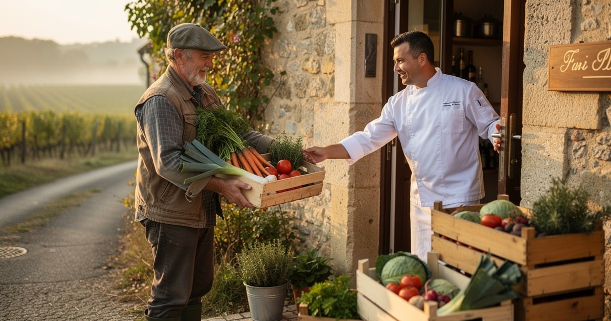 Un chef reçoit des cagettes de légumes frais livrés directement par un producteur local