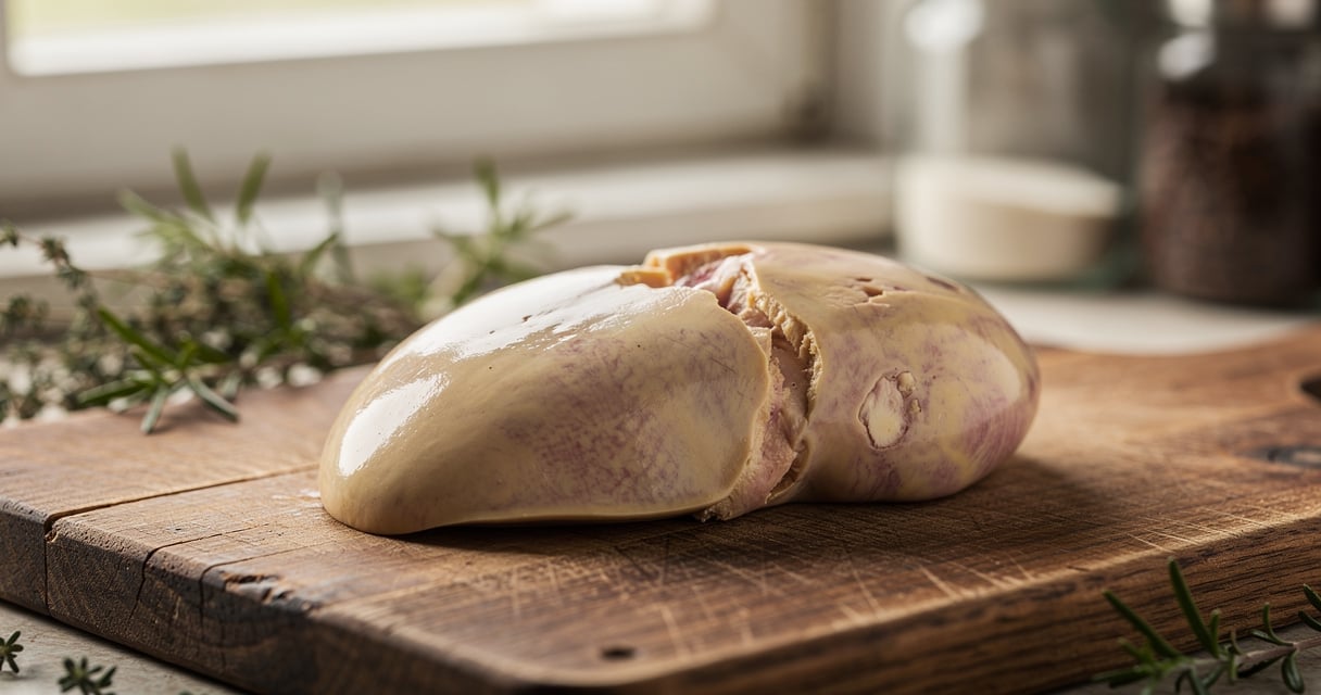 Lobe de foie gras cru pose sur une planche en bois pour examiner sa qualite
