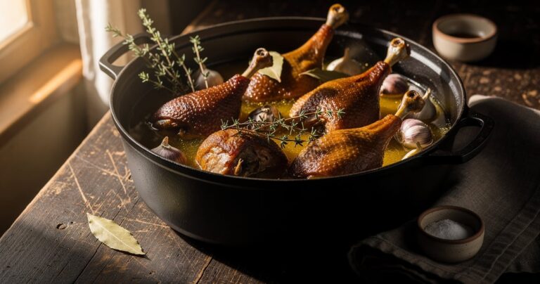Cuisses de canard confites dans une cocotte en fonte avec de la graisse de canard fondue, thym et laurier