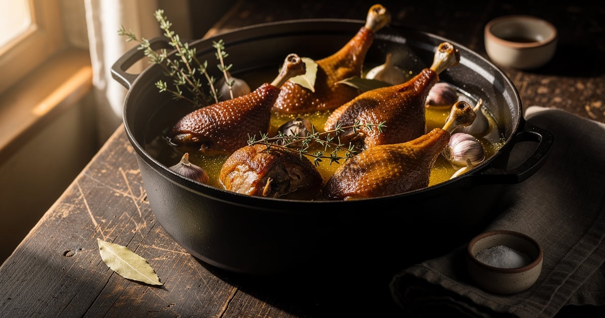 Cuisses de canard confites dans une cocotte en fonte avec de la graisse de canard fondue, thym et laurier