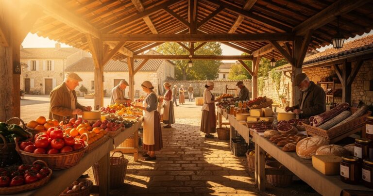 Halle traditionnelle d un marche gascon dans le Gers en pleine saison