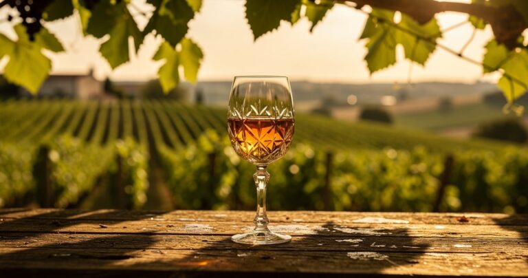 Verre de Floc de Gascogne blanc servi en apéritif sur une table en bois dans un décor gascon