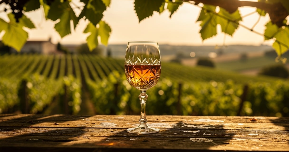 Verre de Floc de Gascogne blanc servi en apéritif sur une table en bois dans un décor gascon