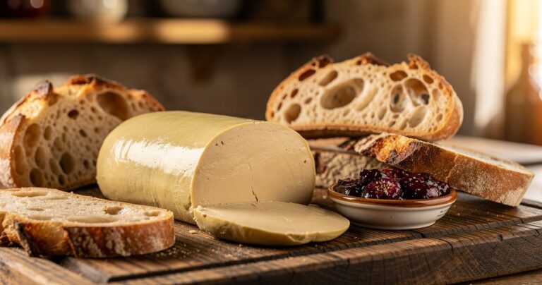 Foie gras entier gascon sur une planche de découpe en bois avec pain et compotée de figues