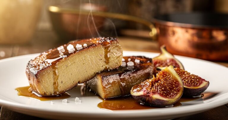 Foie gras poêlé aux figues caramélisées et sauce à l'Armagnac dans une assiette gasconne