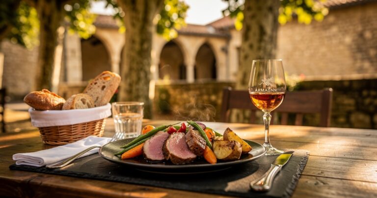 Terrasse de restaurant gastronomique en Gascogne au coucher du soleil avec assiette de magret et verre d'Armagnac