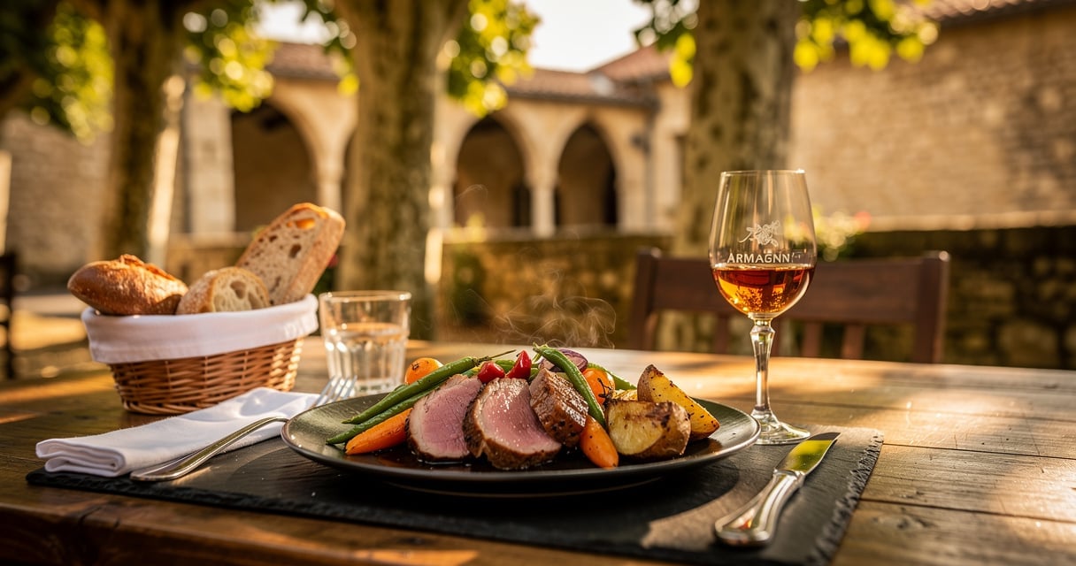 Terrasse de restaurant gastronomique en Gascogne au coucher du soleil avec assiette de magret et verre d'Armagnac