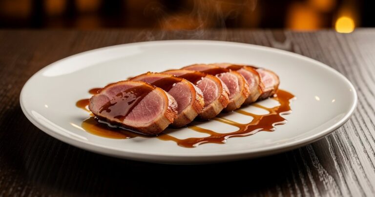 Magret de canard tranché avec sa peau croustillante nappé de sauce miel et vinaigre balsamique