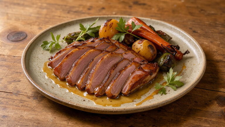 Magret de canard tranché, nappé d’une sauce brillante au miel et accompagné de légumes rôtis.