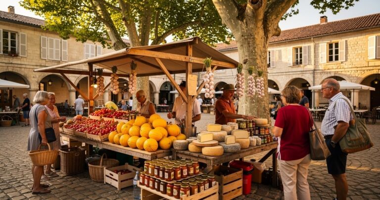 Marché d'été dans un village du Gers avec étals de producteurs locaux