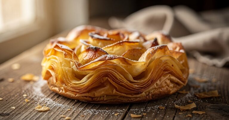 Pastis gascon doré aux pommes en rosace saupoudré de sucre glace
