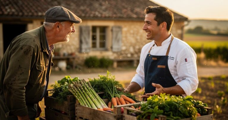 Chef gascon en discussion avec un maraicher local sur sa ferme dans le Gers