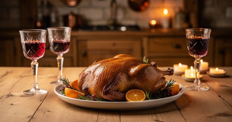 Table dressée avec un canard rôti et des verres de vin rouge dans une cuisine de campagne française