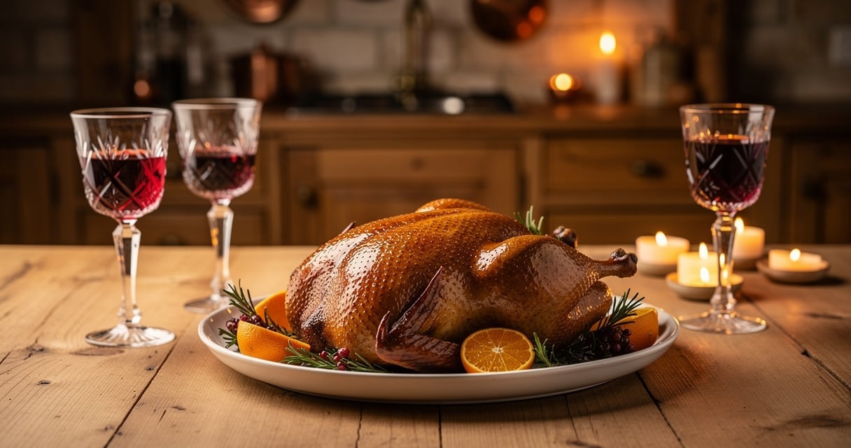 Table dressée avec un canard rôti et des verres de vin rouge dans une cuisine de campagne française