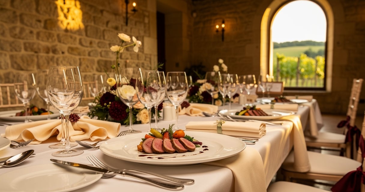 Table de réception de mariage gastronomique dressée dans un château gersois