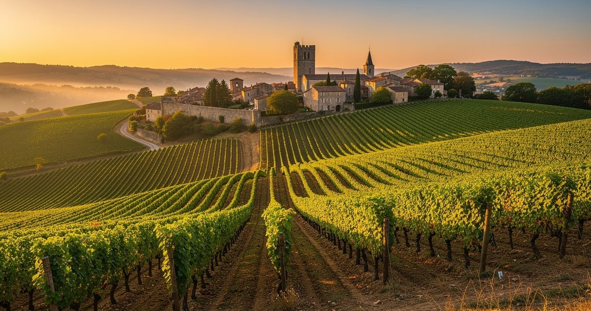 Paysage des vignobles Cotes de Gascogne dans le Gers au coucher du soleil