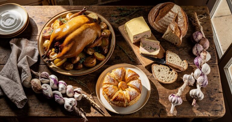Table garnie de spécialités culinaires du Gers : confit de canard, foie gras, pastis gascon et tresses d ail