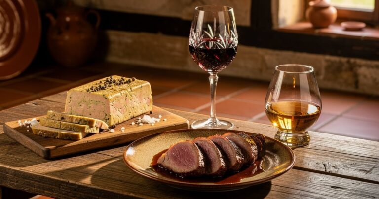 Table gasconne avec foie gras, magret, vin de Madiran et verre d Armagnac
